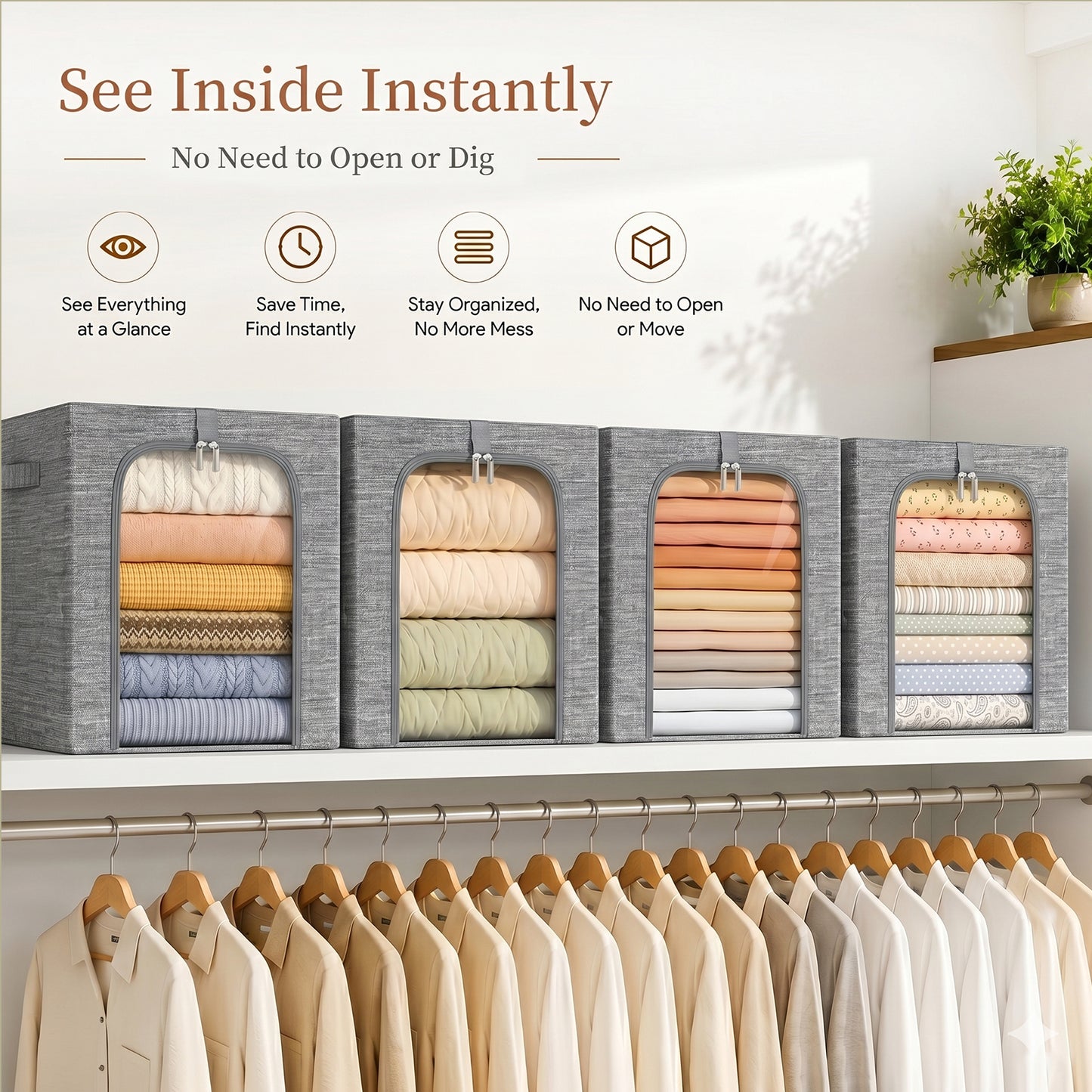 GoMaihe Clothes Storage Bin with Metal Frame for Sweater Organizer Top Shelf Closet