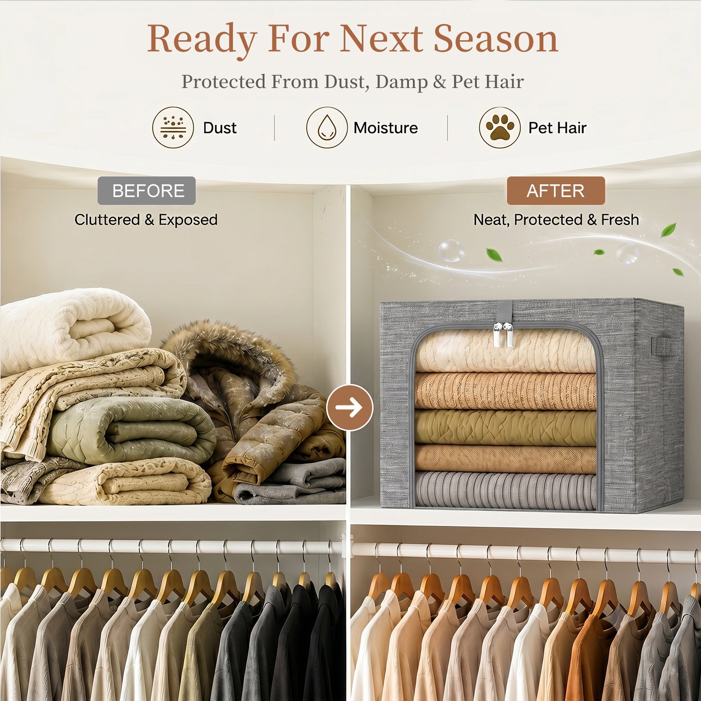 GoMaihe Clothes Storage Bin with Metal Frame for Sweater Organizer Top Shelf Closet