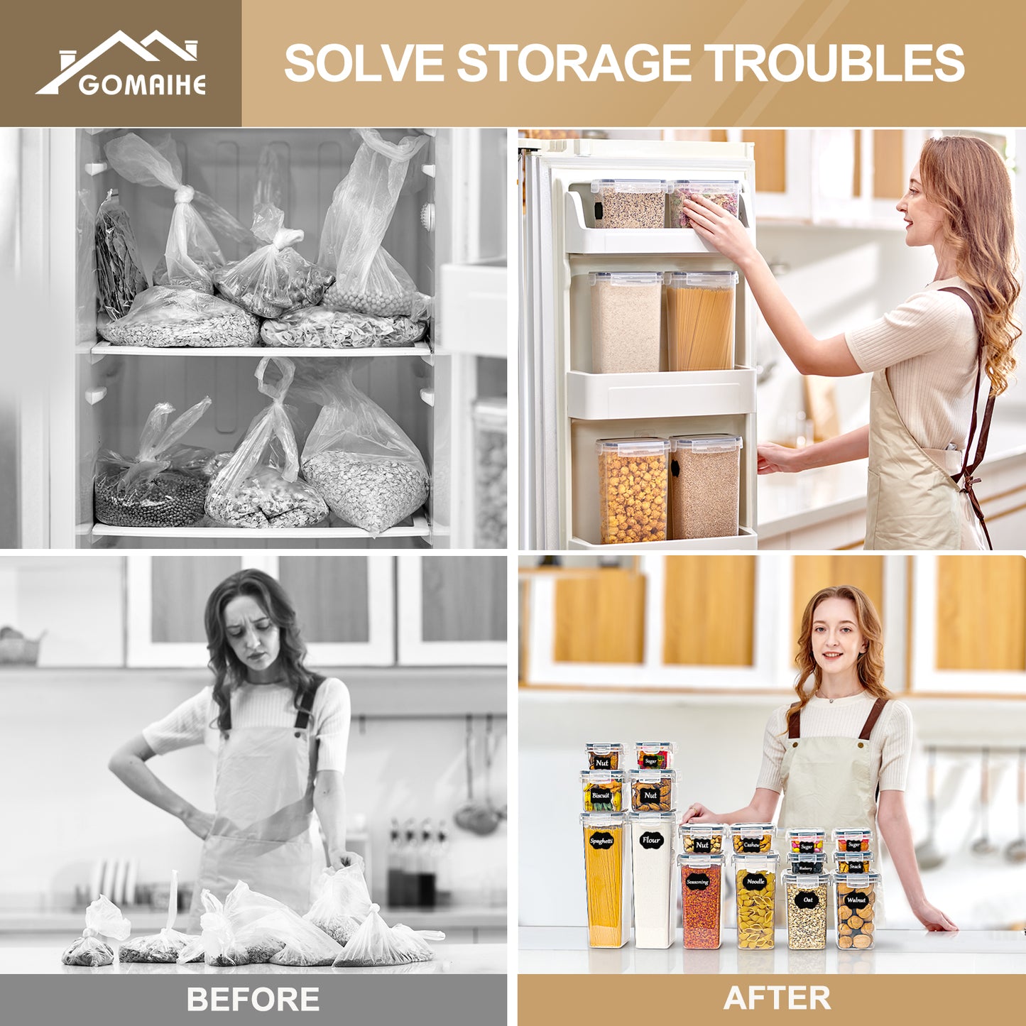 GoMaihe Storage Containers 16 Set, Kitchen Storage Box Airtight Plastic Containers with Lids, Storage Jars for Storing Pasta, Cereal, Rice, Flour, and Pet Food