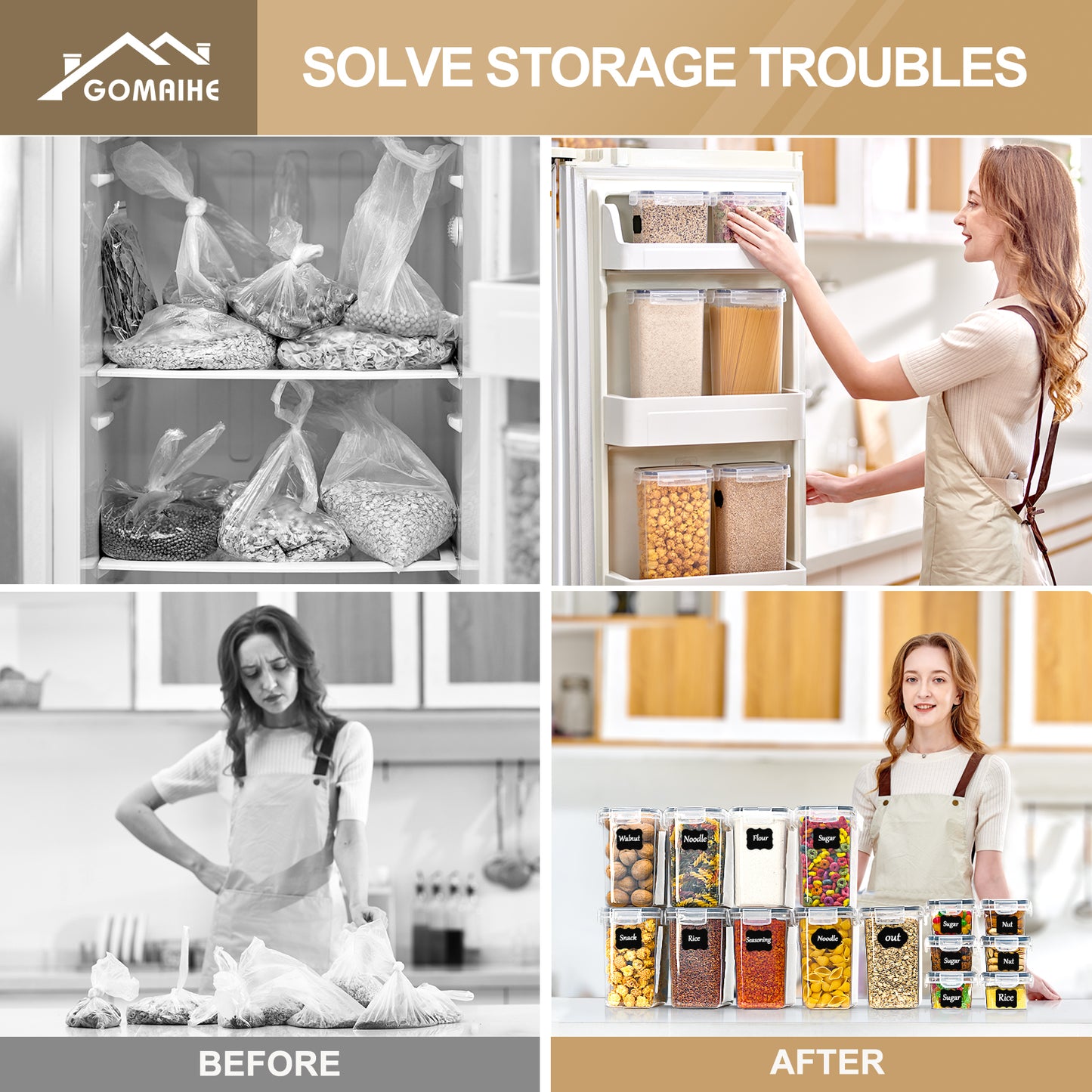 GoMaihe storage containers with lids, airtight storage box: 15-piece storage box kitchen set for flour, cereal, sugar