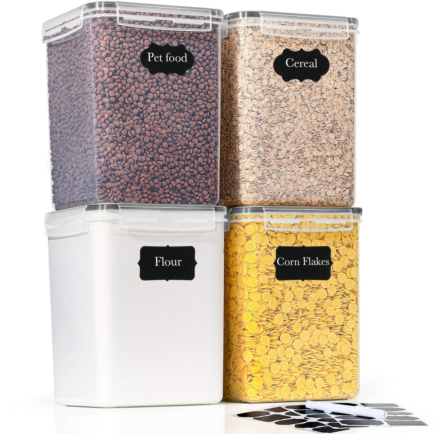GoMaihe 5.2L Large Storage Containers with Lids: 4-Piece Flour Containers with Labels & Markers | Airtight Kitchen Storage Box Ideal for 5lb Sugar, Cereal, Cornflakes | BPA-Free | Dishwasher Safe