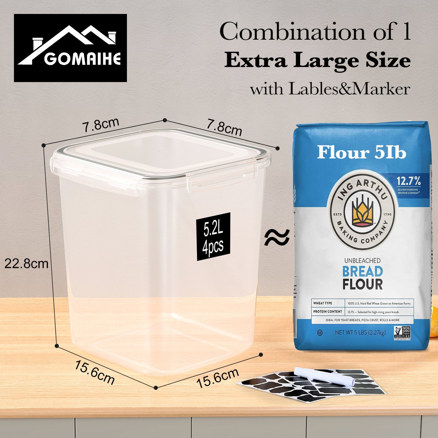 GoMaihe 5.2L Large Storage Containers with Lids: 4-Piece Flour Containers with Labels & Markers | Airtight Kitchen Storage Box Ideal for 5lb Sugar, Cereal, Cornflakes | BPA-Free | Dishwasher Safe
