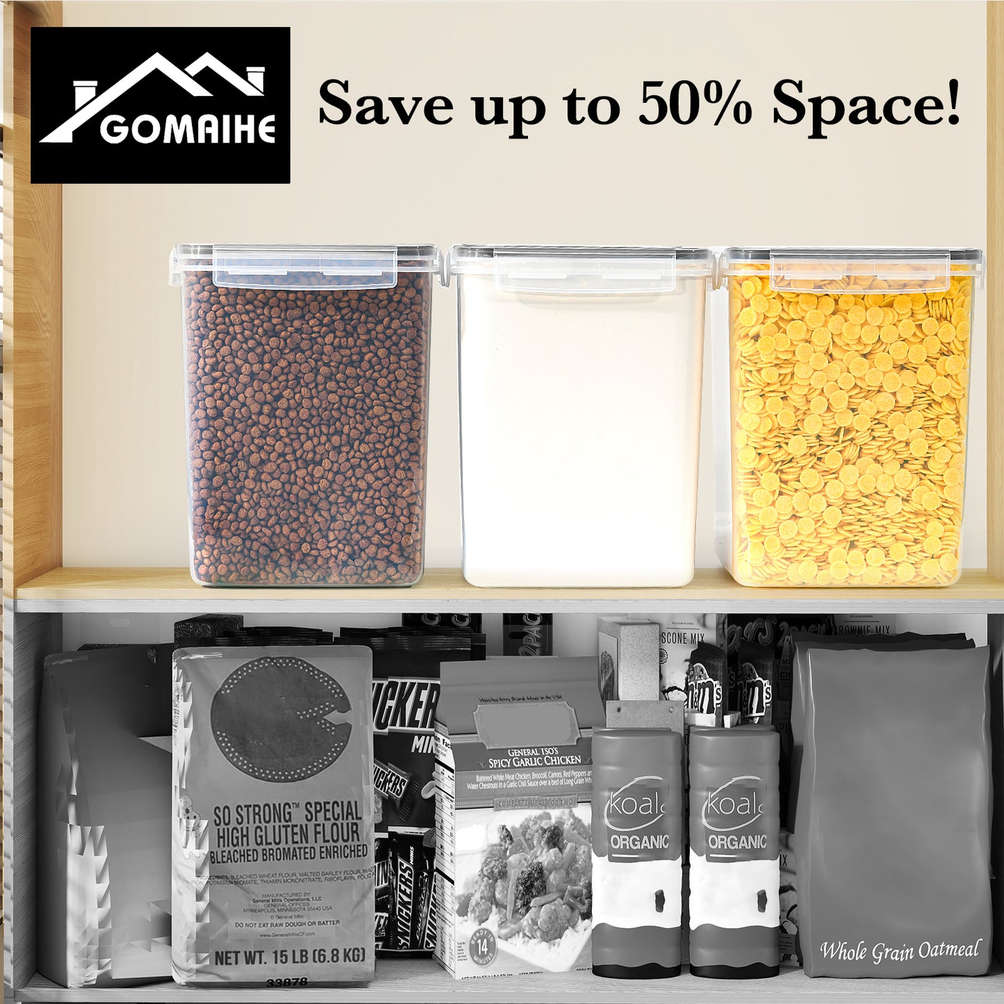 GoMaihe 5.2L Large Storage Containers with Lids: 4-Piece Flour Containers with Labels & Markers | Airtight Kitchen Storage Box Ideal for 5lb Sugar, Cereal, Cornflakes | BPA-Free | Dishwasher Safe