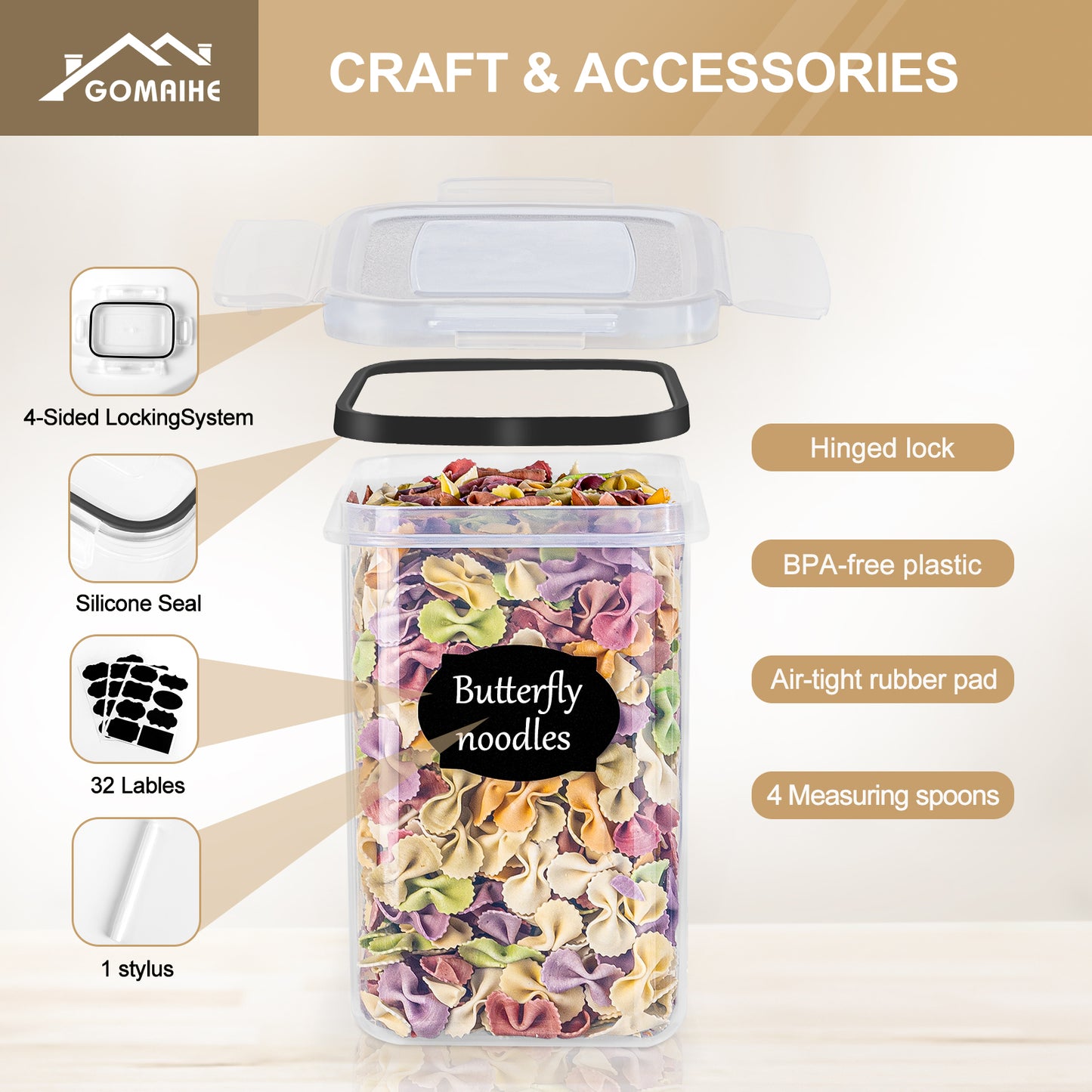 GoMaihe Storage Containers 16 Set, Kitchen Storage Box Airtight Plastic Containers with Lids, Storage Jars for Storing Pasta, Cereal, Rice, Flour, and Pet Food