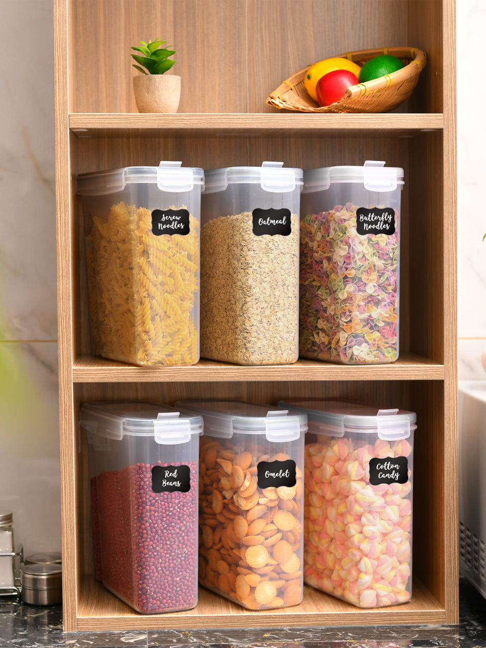 Food Storage Containers 6-Pack 4L Airtight with Lid – BPA-Free Plastic Kitchen Storage Boxes for Flour, Rice, Cereal – Pour Spout + Labels