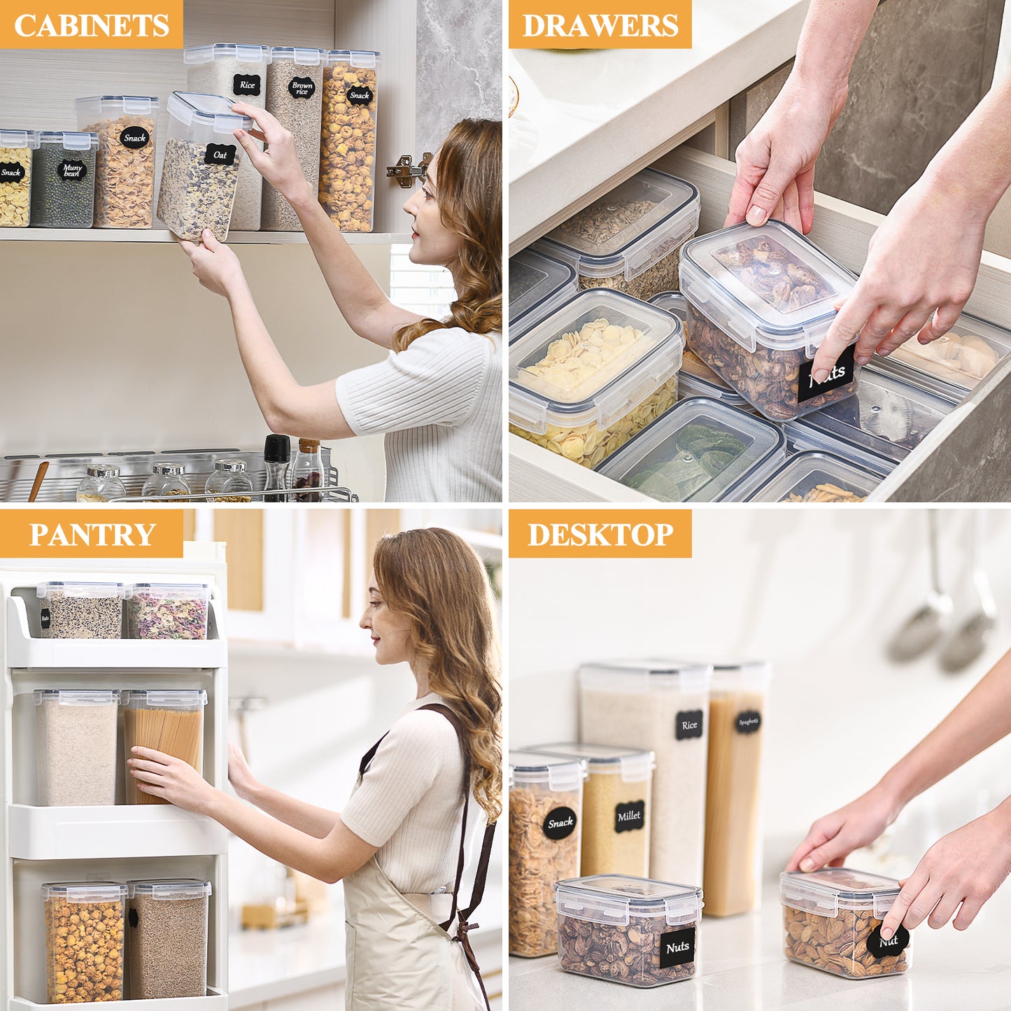 L LONGANCHANG Airtight storage containers with lids, set of 8, BPA-free, kitchen storage boxes, moth-proof kitchen organizers for cornflakes, muesli, and flour, storage containers with labels