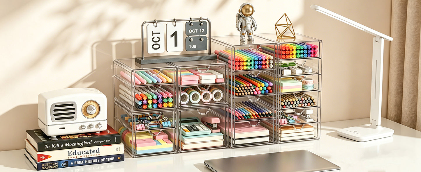 GoMaihe 3-Piece Desk Drawer Boxes: Clear Acrylic Vanity Organizer | Makeup Organizer with 15 Drawers | Desk Organizer for Home, Office, and School