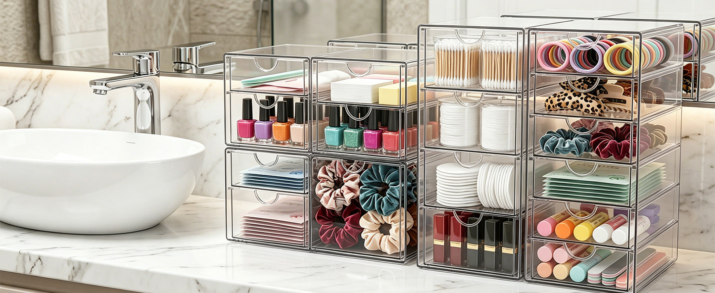 GoMaihe 3-Piece Desk Drawer Boxes: Clear Acrylic Vanity Organizer | Makeup Organizer with 15 Drawers | Desk Organizer for Home, Office, and School