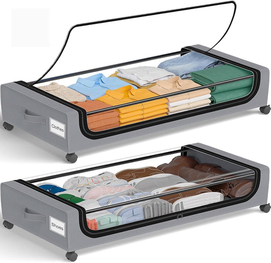 GoMaihe Under Bed Storage with Wheels: 70L Underbed Storage Containers with Lids - Rolling Bins for Shoes Clothes in Dorm Bedroom - Metal Drawers Easy Pull-out Grey 2-Pack