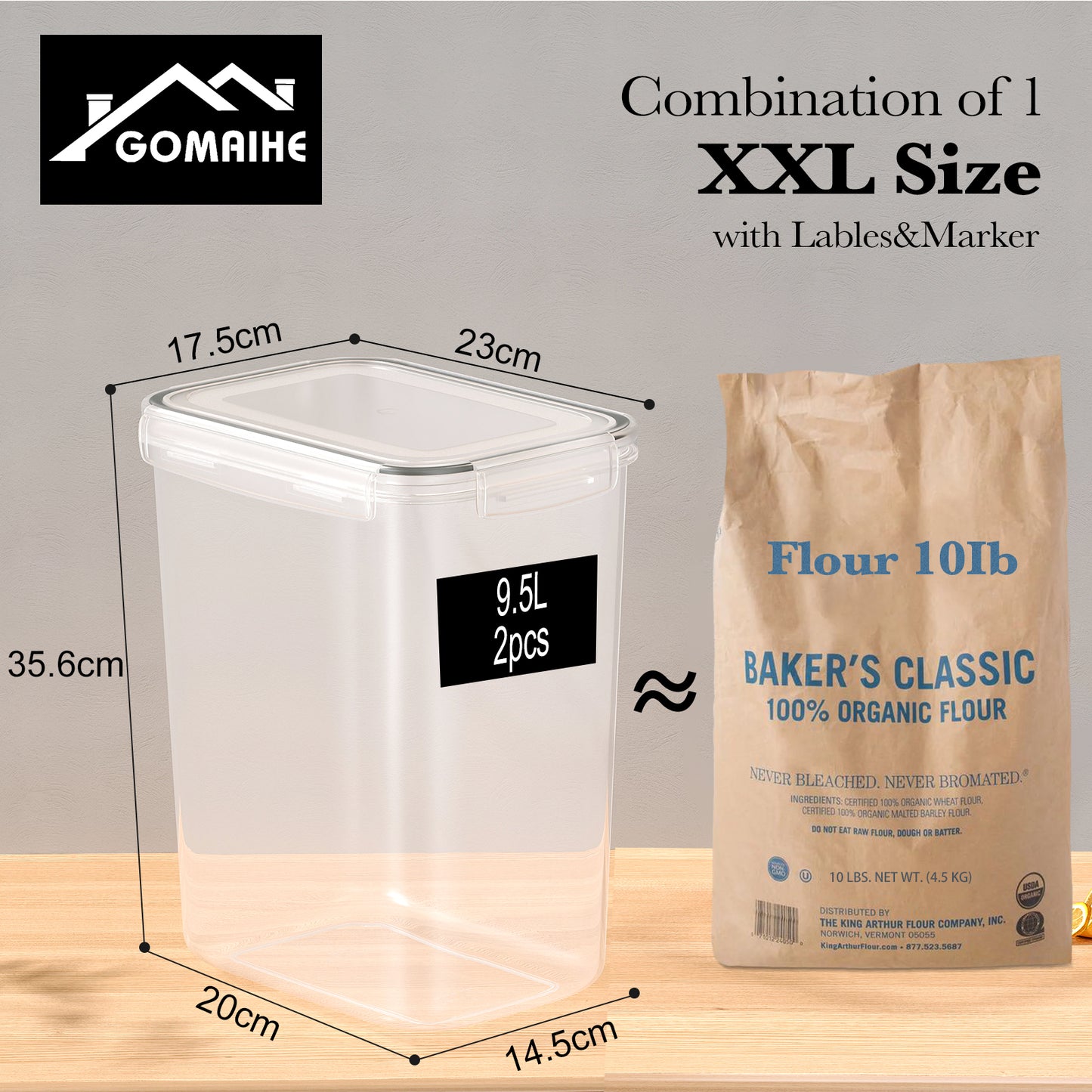 GoMaihe 9.5L Extra Large Storage Containers: 2 Flour Cans with Lids, Airtight | Kitchen Storage Box for Ideal 10lb Rice, Cereal, Cornflakes, Pet Food | BPA-FREE | Labels & Markers