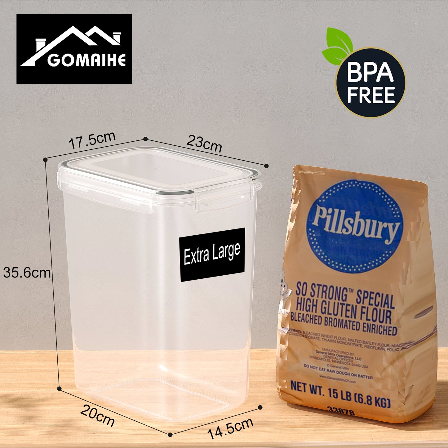 GoMaihe 9.5L Extra Large Storage Containers: 2 Flour Cans with Lids, Airtight | Kitchen Storage Box for Ideal 10lb Rice, Cereal, Cornflakes, Pet Food | BPA-FREE | Labels & Markers