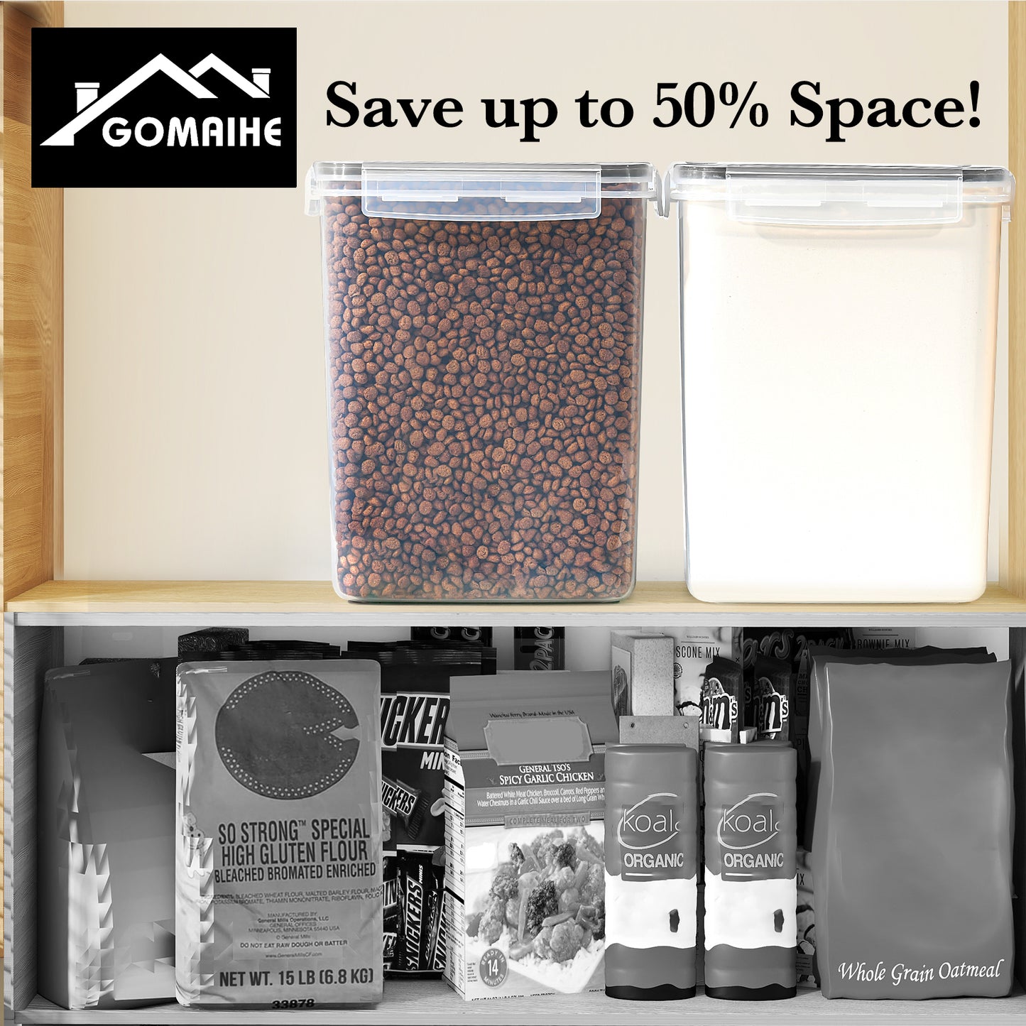 GoMaihe 9.5L Extra Large Storage Containers: 2 Flour Cans with Lids, Airtight | Kitchen Storage Box for Ideal 10lb Rice, Cereal, Cornflakes, Pet Food | BPA-FREE | Labels & Markers