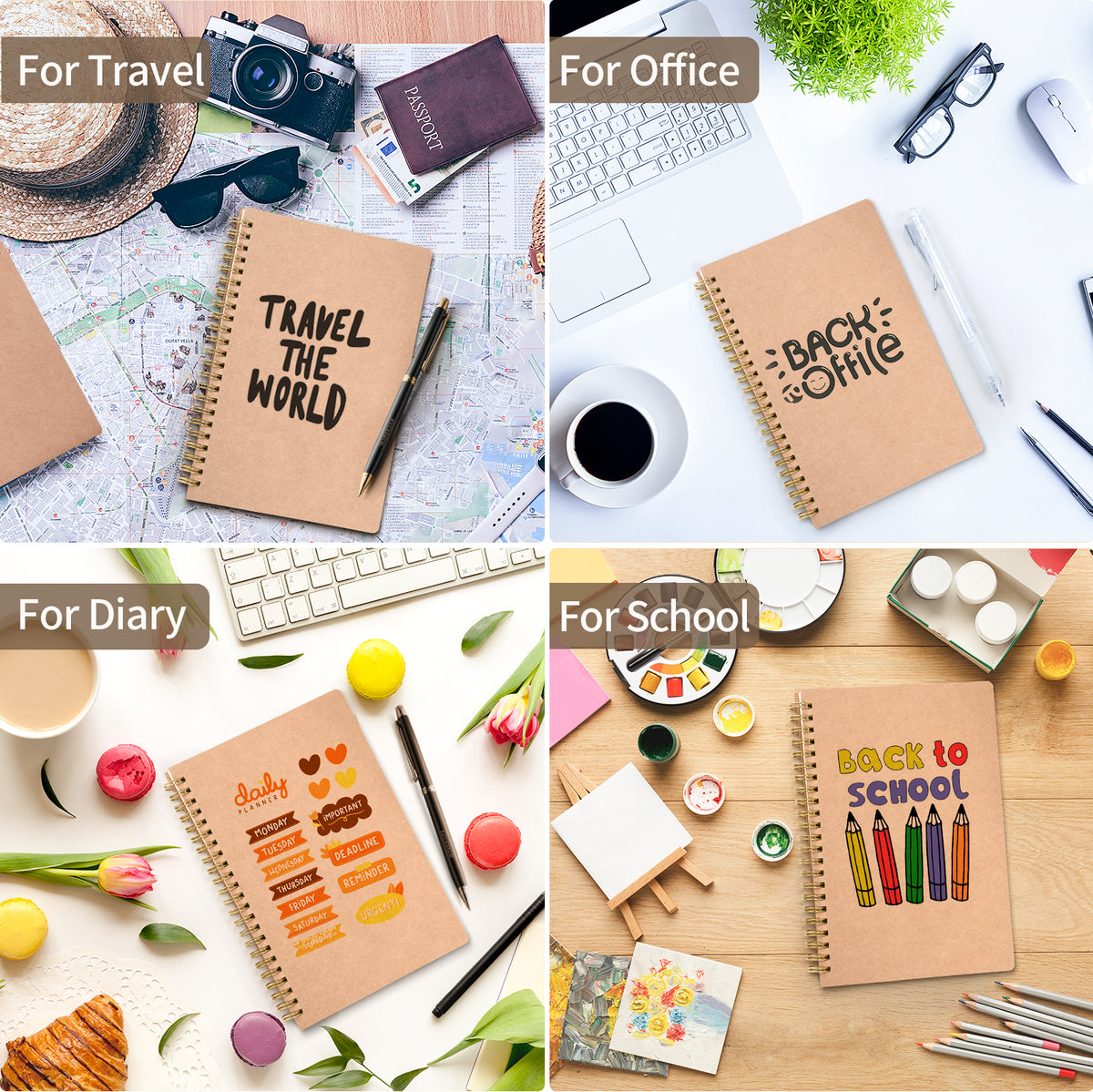 VEESUN Cuaderno A5 Cuadrícula Espiral Pack de 4 Libretas Bonitas 80 Hojas