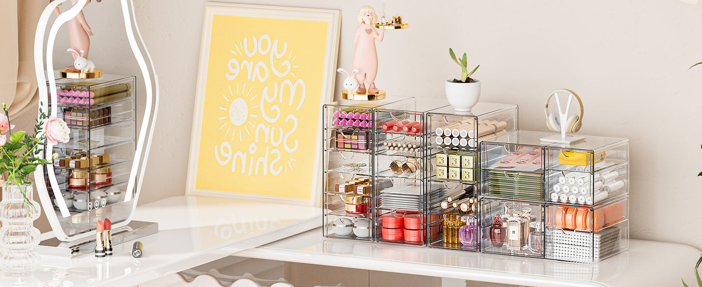 GoMaihe Acryl Schreibtisch Organizer mit 7-Schubladen: 2 Stücke Schubladenbox | Durchsichtig Schminktisch Organizer | Make up Organizer | Büro Organizer für Bürobedarf Kosmetik Schmuck