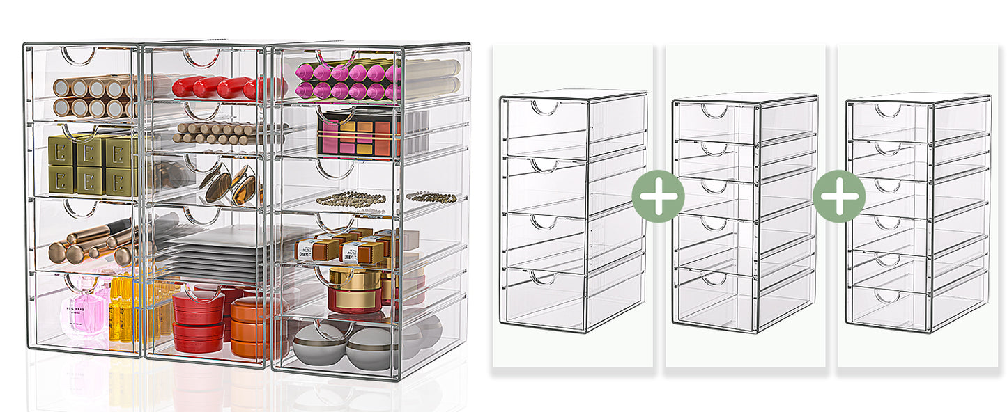 GoMaihe 3-Stücke Schubladenboxen Schreibtisch: Acryl Durchsichtig Schminktisch Organizer | Make up Organizer mit 15 Schubladen | Schreibtisch Organizer für Hause Büro Schule