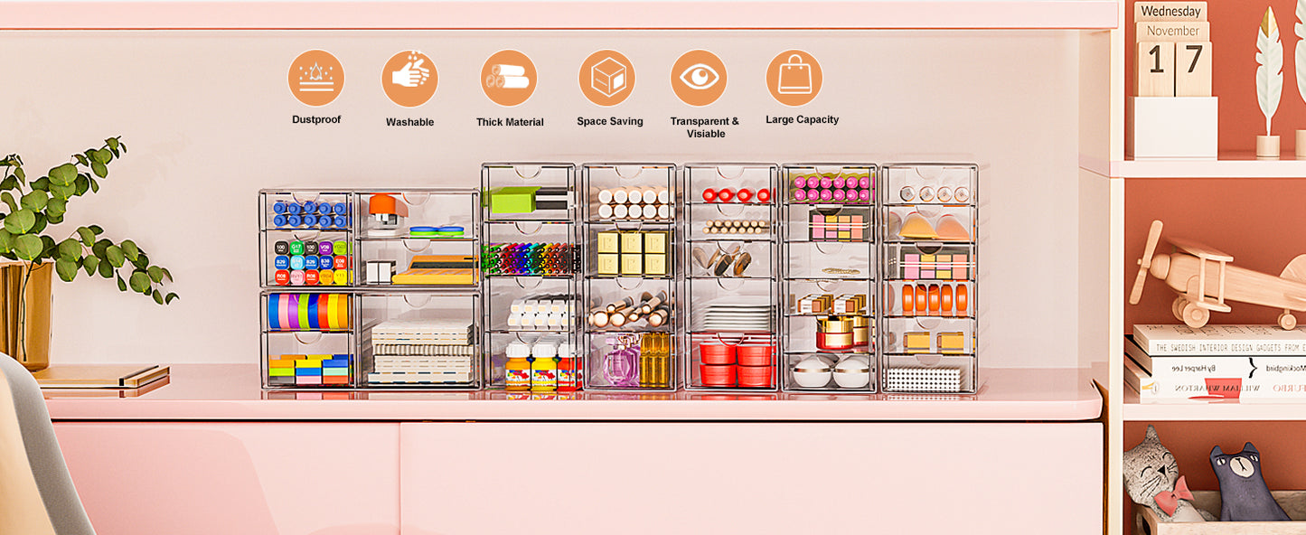 GoMaihe Acryl Schreibtisch Organizer mit 7-Schubladen: 2 Stücke Schubladenbox | Durchsichtig Schminktisch Organizer | Make up Organizer | Büro Organizer für Bürobedarf Kosmetik Schmuck