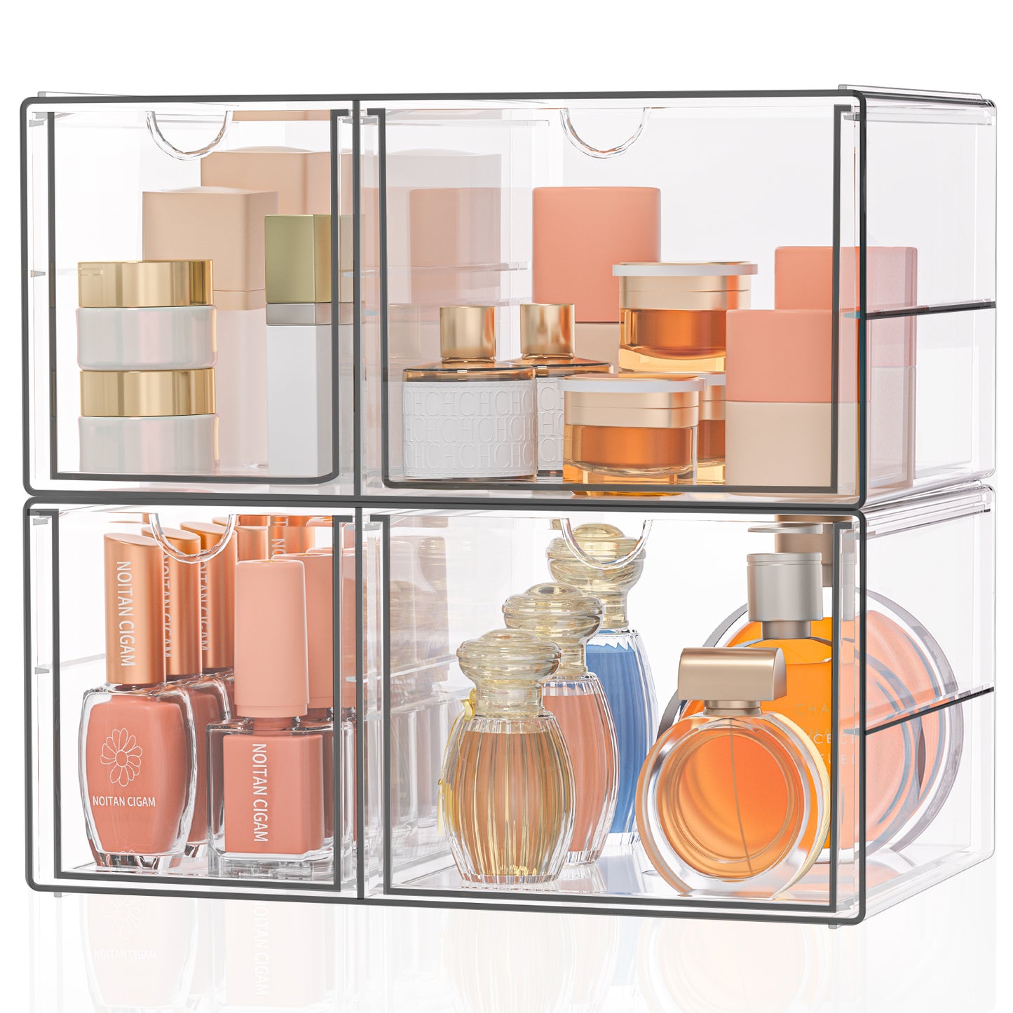 SortNStore Make up Organizer mit 4 Schubladen: 2er-Set Acryl Schreibtisch Organizer mit Anti-Rutsch-Pads | Stapelbare Schubladenbox für Kosmetik, Schmuck & Schreibwaren