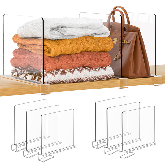 Purse Organizer for Closet Shelf Dividers: 6-Pack Adjustable Clear Acrylic Bag Storage Organizer for Handbags, Sweaters, Towels, Jeans and Shoes on Wood Shelves