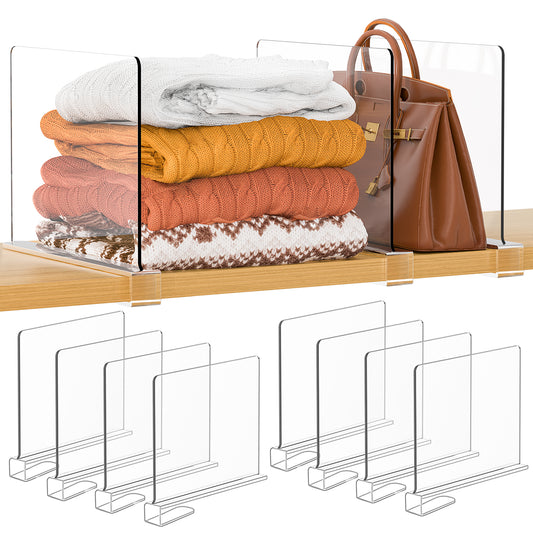 Purse Organizer for Closet Shelf Dividers: 8-Pack Adjustable Clear Acrylic Bag Storage Organizer for Handbags, Sweaters, Towels, Jeans and Shoes on Wood Shelves