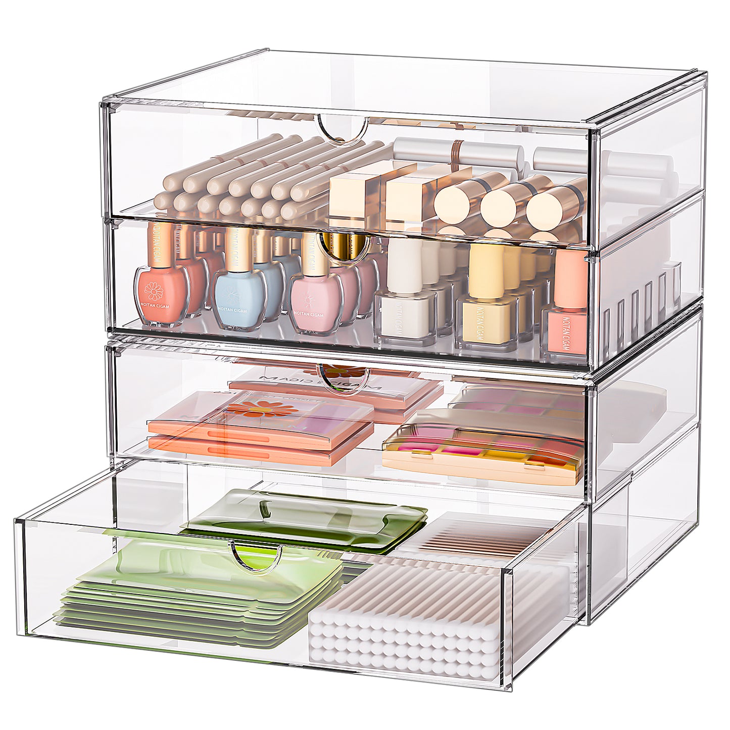 SortNStore Schminktisch Organizer mit 4 Breiten Schubladen: 2er-Set Acryl Schreibtisch Organizer mit Anti-Rutsch-Pads | Stapelbare Schubladenbox für Büro, Schlafzimmer, Badezimmer