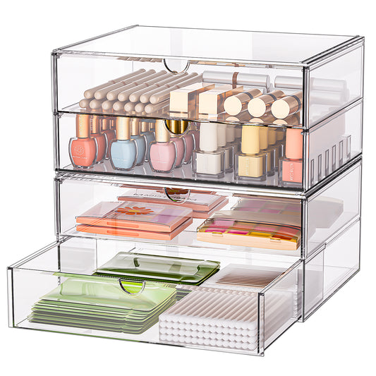 SortNStore Schminktisch Organizer mit 4 Breiten Schubladen: 2er-Set Acryl Schreibtisch Organizer mit Anti-Rutsch-Pads | Stapelbare Schubladenbox für Büro, Schlafzimmer, Badezimmer