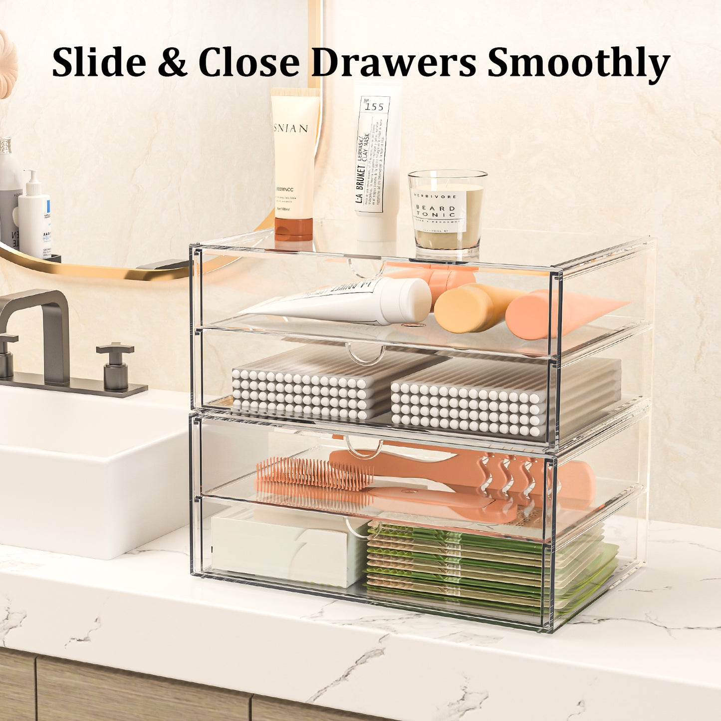 SortNStore Schminktisch Organizer mit 4 Breiten Schubladen: 2er-Set Acryl Schreibtisch Organizer mit Anti-Rutsch-Pads | Stapelbare Schubladenbox für Büro, Schlafzimmer, Badezimmer