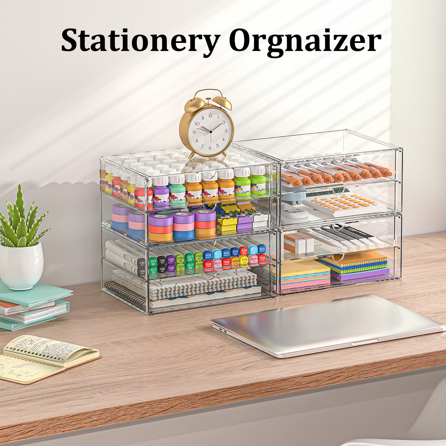SortNStore Schminktisch Organizer mit 4 Breiten Schubladen: 2er-Set Acryl Schreibtisch Organizer mit Anti-Rutsch-Pads | Stapelbare Schubladenbox für Büro, Schlafzimmer, Badezimmer