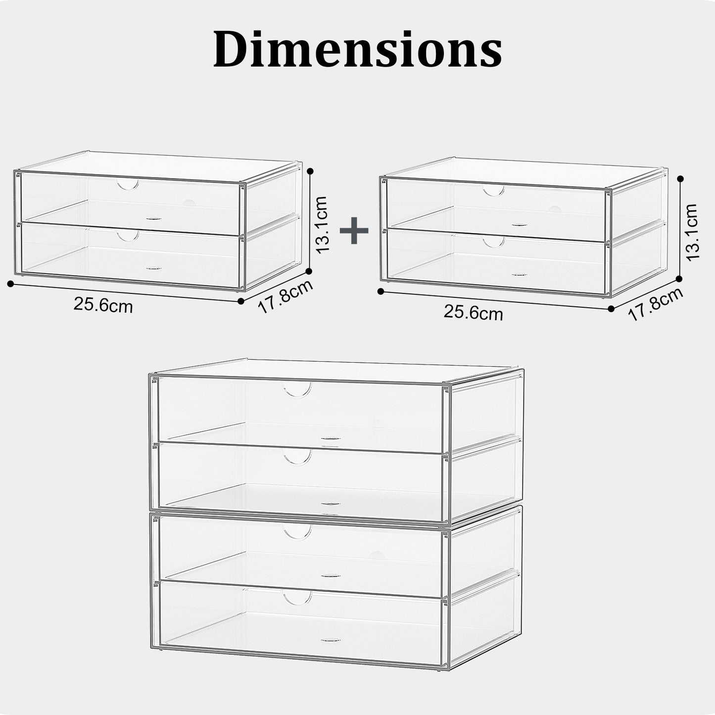 SortNStore Schminktisch Organizer mit 4 Breiten Schubladen: 2er-Set Acryl Schreibtisch Organizer mit Anti-Rutsch-Pads | Stapelbare Schubladenbox für Büro, Schlafzimmer, Badezimmer