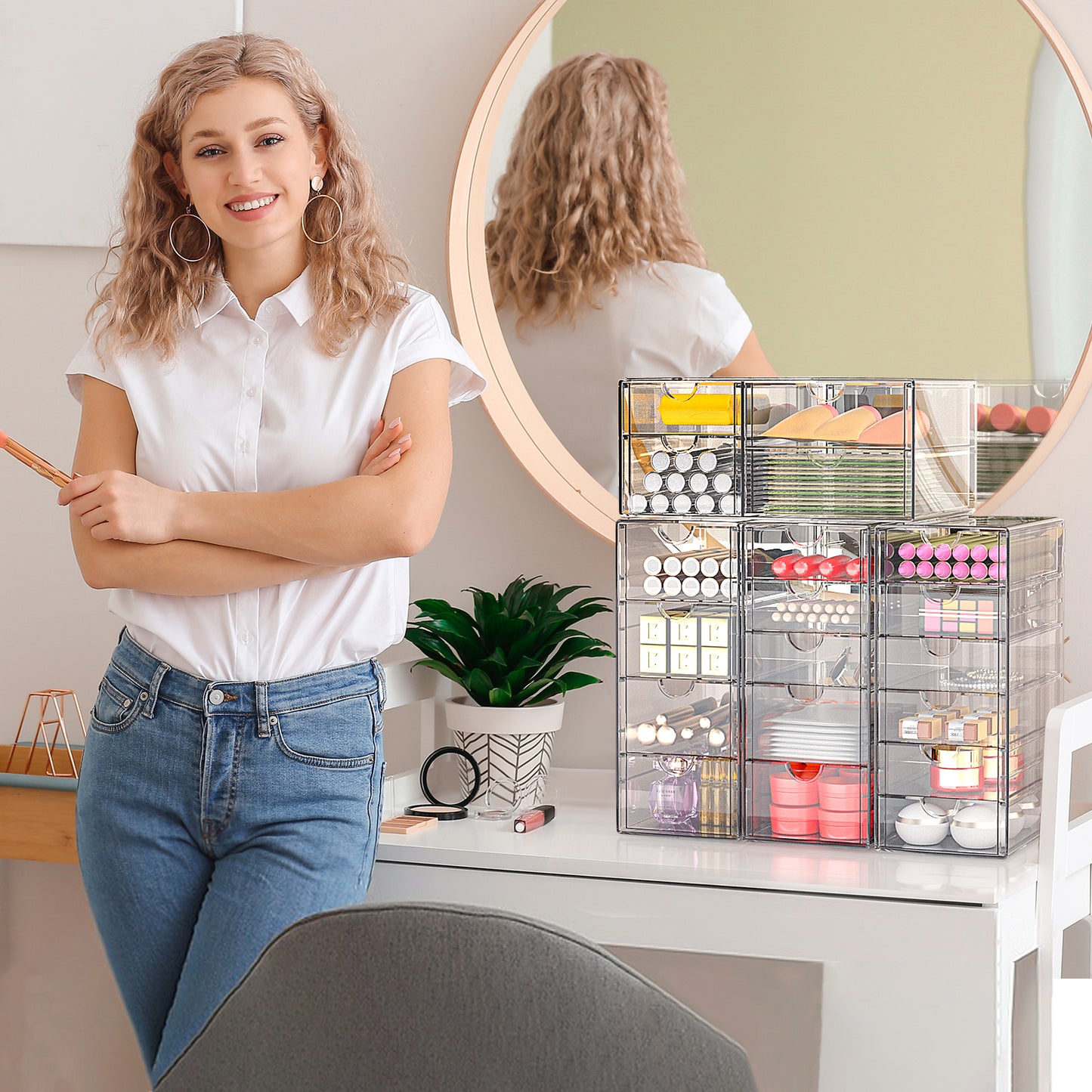 GoMaihe Acryl Schreibtisch Organizer mit 7-Schubladen: 2 Stücke Schubladenbox | Durchsichtig Schminktisch Organizer | Make up Organizer | Büro Organizer für Bürobedarf Kosmetik Schmuck