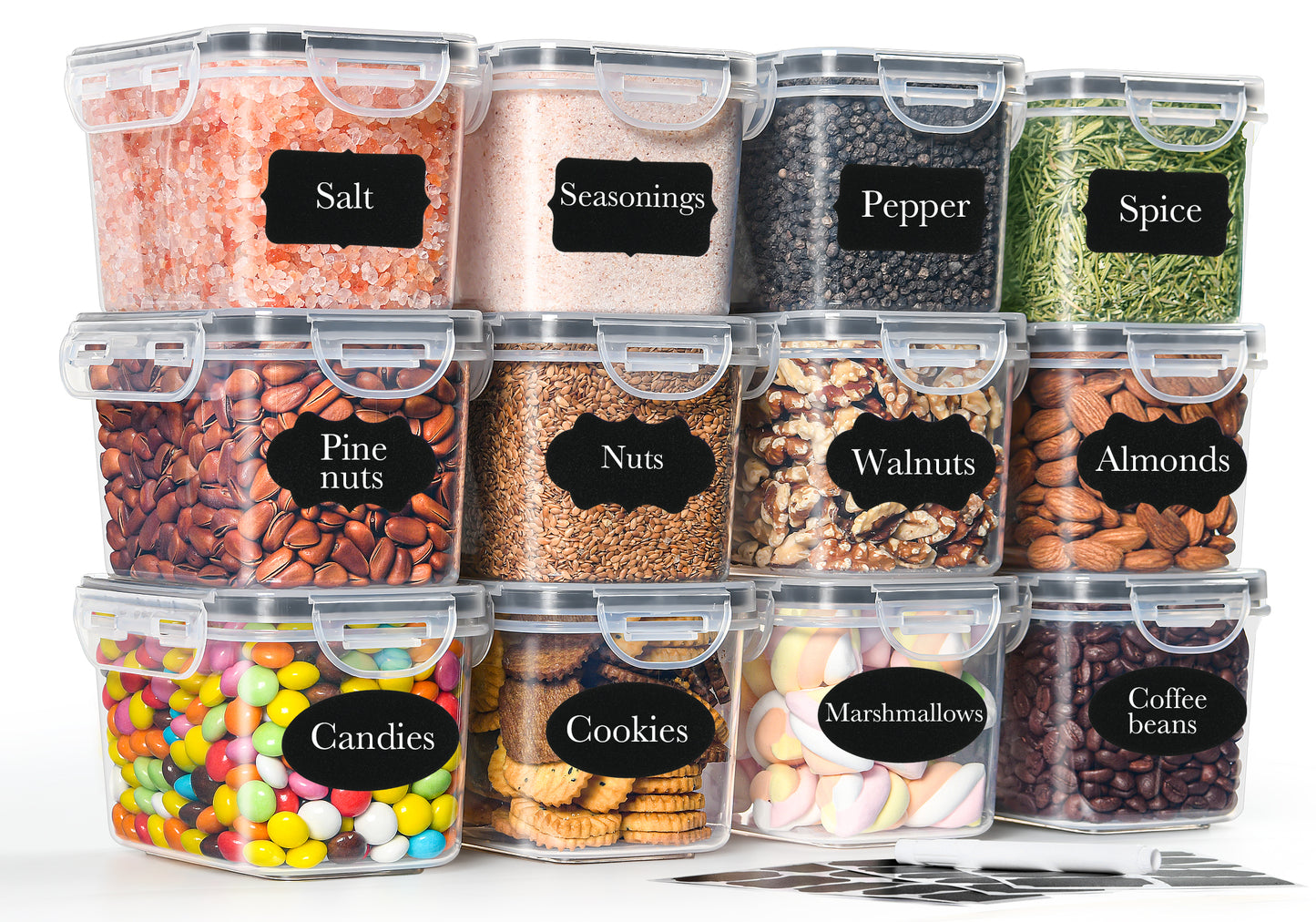 GoMaihe airtight storage containers with lids, set of 12: Small kitchen storage box, 750 ml, with labels | Food containers for cereal, sugar, and spices | BPA-free | Dishwasher safe