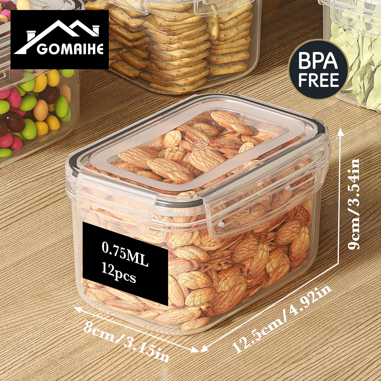 GoMaihe airtight storage containers with lids, set of 12: Small kitchen storage box, 750 ml, with labels | Food containers for cereal, sugar, and spices | BPA-free | Dishwasher safe