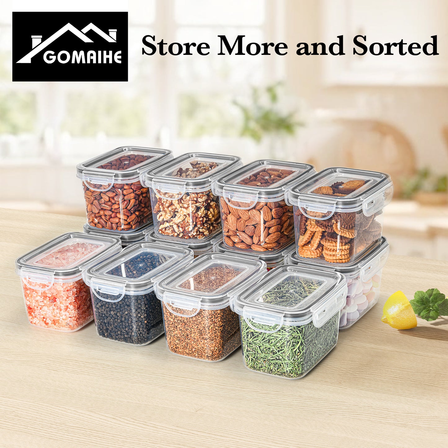 GoMaihe airtight storage containers with lids, set of 12: Small kitchen storage box, 750 ml, with labels | Food containers for cereal, sugar, and spices | BPA-free | Dishwasher safe