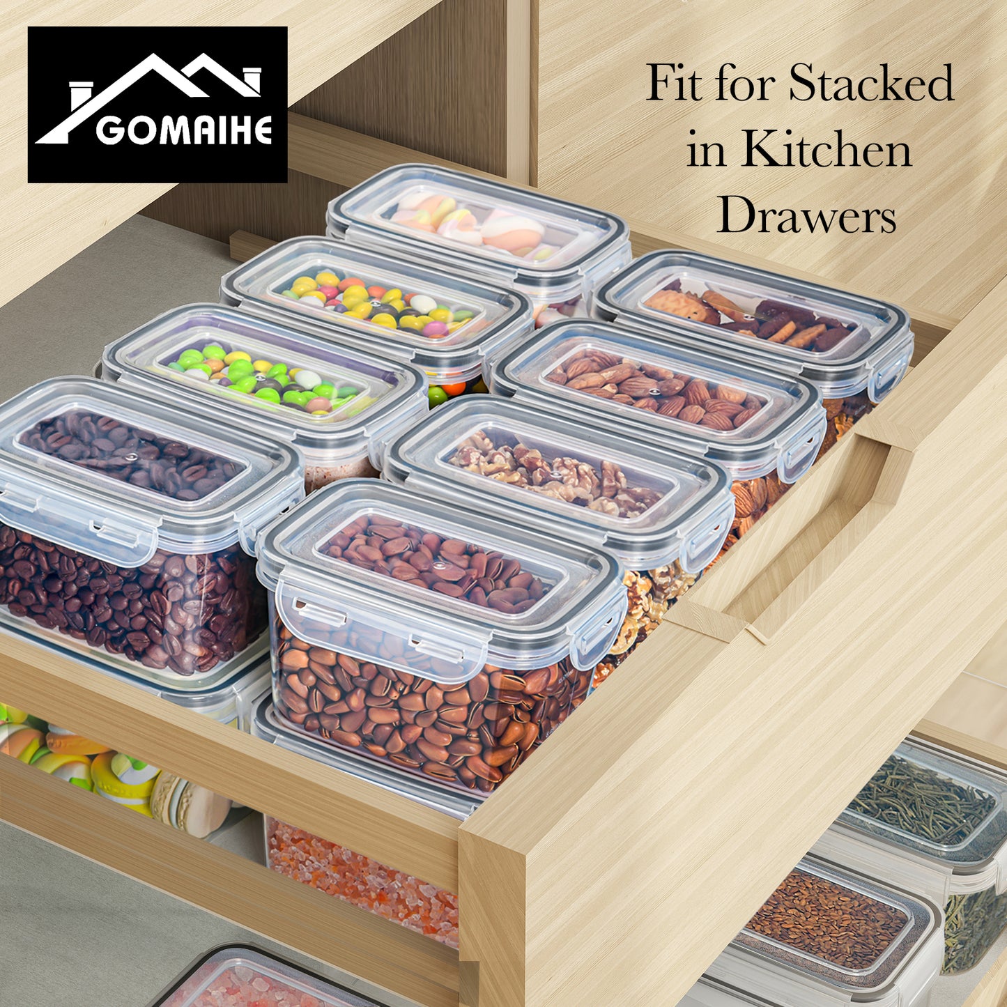 GoMaihe airtight storage containers with lids, set of 12: Small kitchen storage box, 750 ml, with labels | Food containers for cereal, sugar, and spices | BPA-free | Dishwasher safe