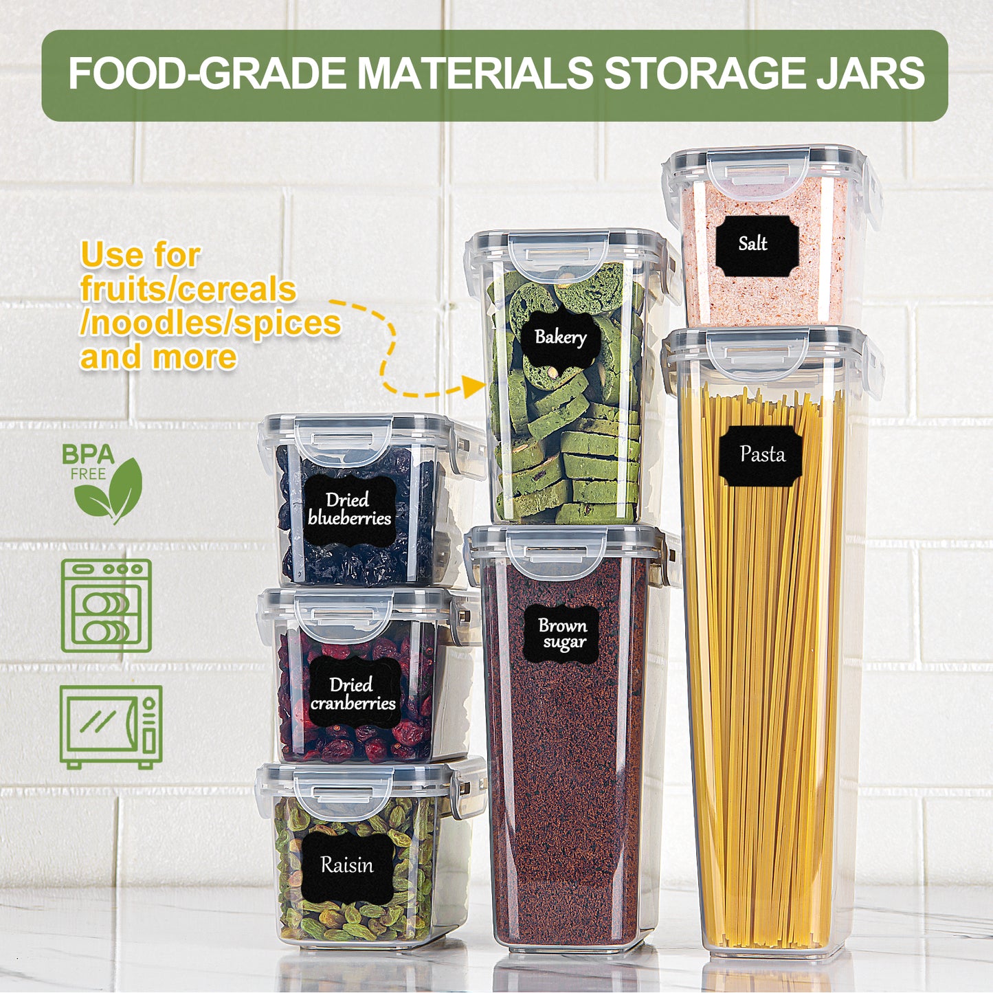 L LONGANCHANG Airtight storage containers with lids, set of 25: Kitchen storage boxes for flour, cereal, sugar, spaghetti, pasta | Storage container set 2.8l/2.0l/1.4l/0.8l | BPA-free | Dishwasher safe