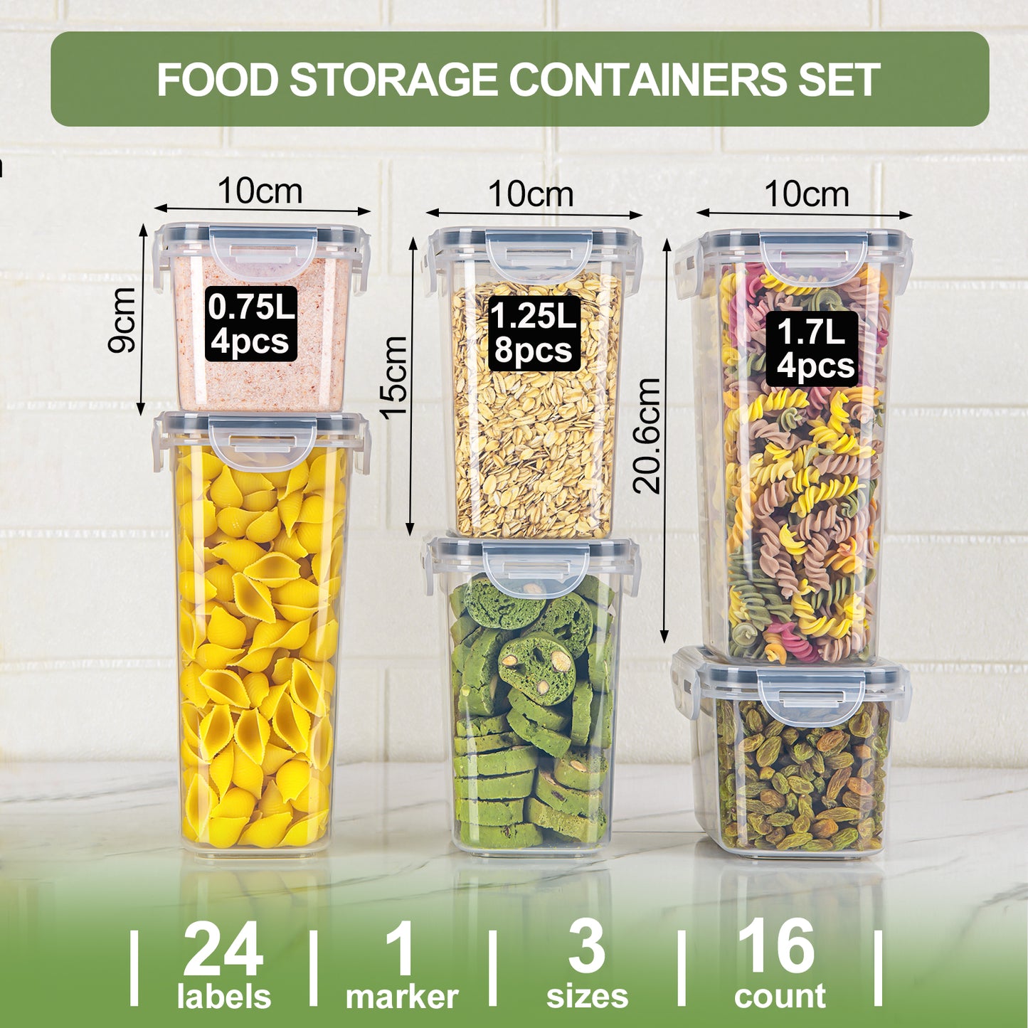 L LONGANCHANG Airtight storage containers with lids, set of 16, BPA-free, kitchen storage boxes with lids, moth-proof kitchen organizer for cornflakes, cereal, and flour, storage containers with labels