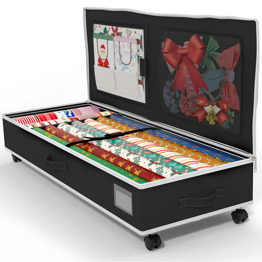 GoMaihe Wrapping Paper Storage with Wheels: Under-bed Gift Wrap Organizer for Christmas Paper Ribbon Accessories | Pockets & Adjustable Dividers | Easy Pull-out | Heavy-duty