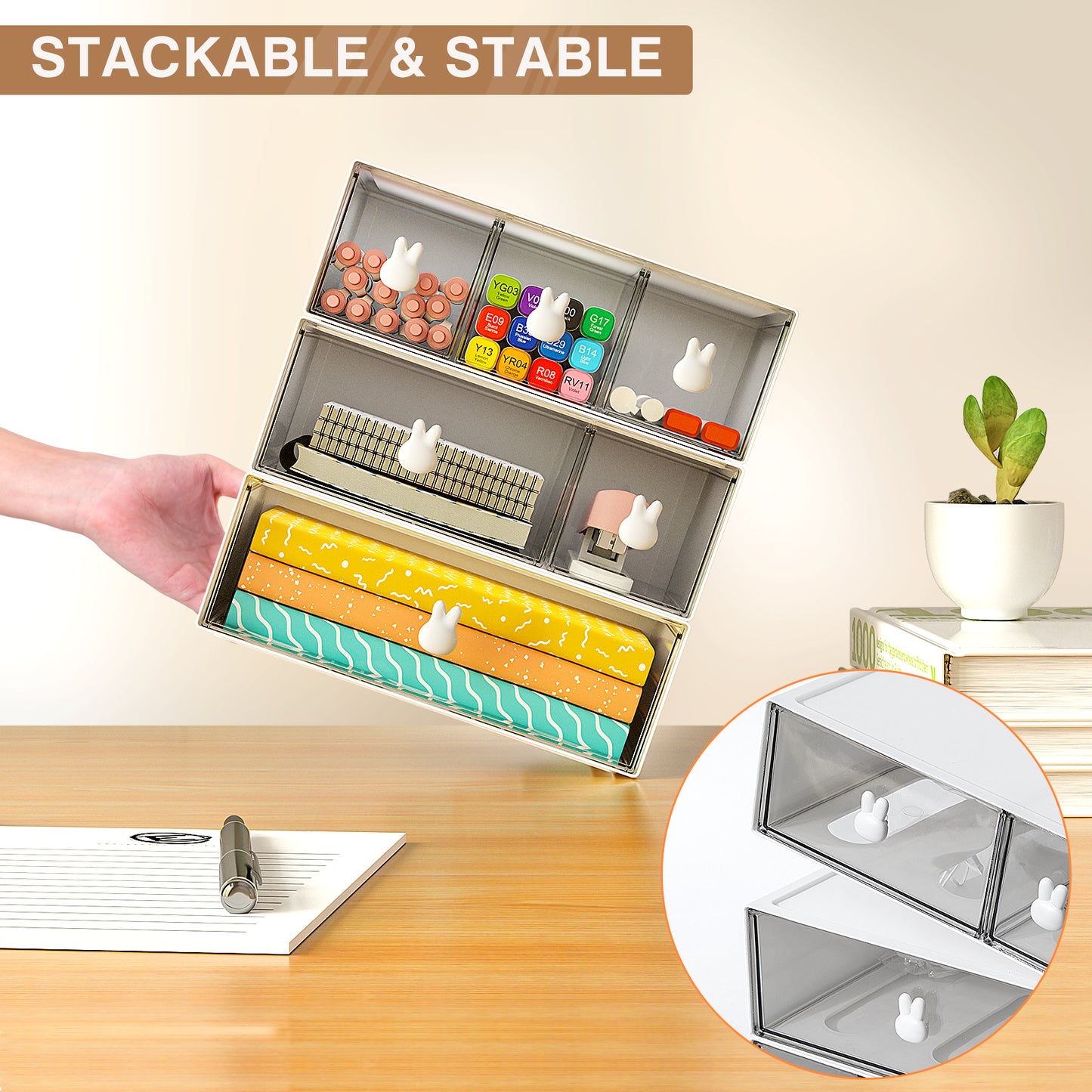 GoMaihe 3-teiliger stapelbarer Schreibtisch-Organizer mit Schubladen, multifunktionale Schubladen-Organizer-Box (L)
