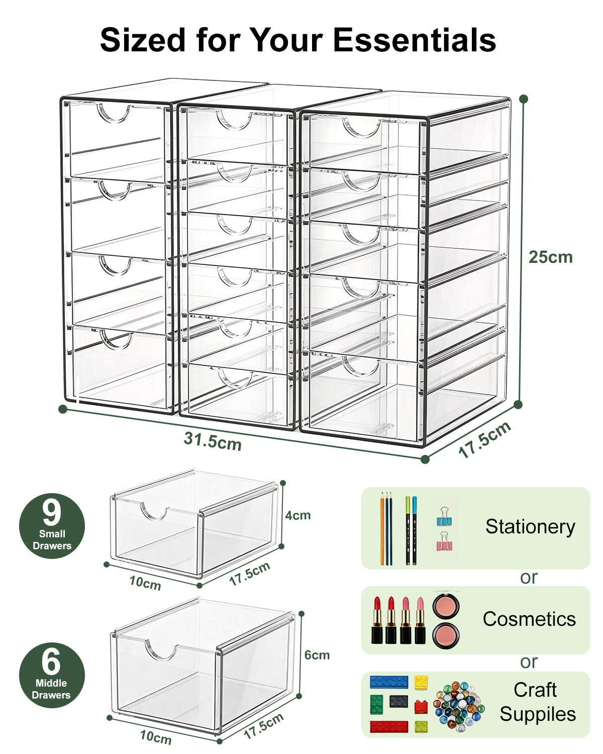 GoMaihe 3-Piece Desk Drawer Boxes: Clear Acrylic Vanity Organizer | Makeup Organizer with 15 Drawers | Desk Organizer for Home, Office, and School