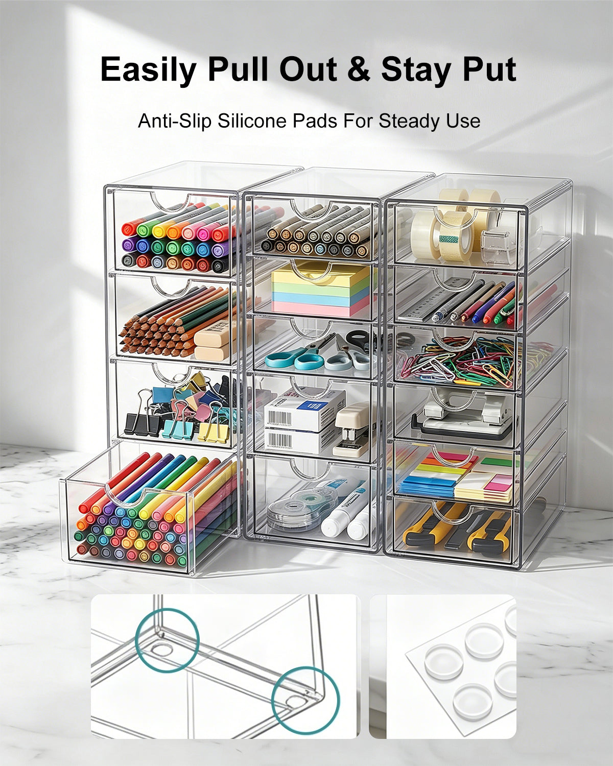 GoMaihe 3-Piece Desk Drawer Boxes: Clear Acrylic Vanity Organizer | Makeup Organizer with 15 Drawers | Desk Organizer for Home, Office, and School