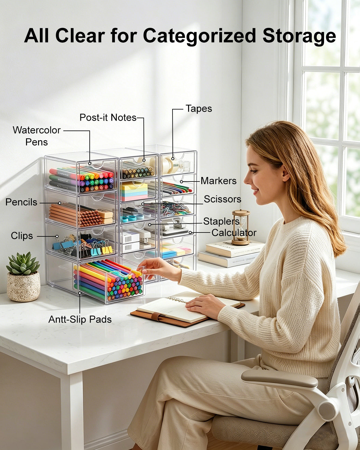 GoMaihe 3-Piece Desk Drawer Boxes: Clear Acrylic Vanity Organizer | Makeup Organizer with 15 Drawers | Desk Organizer for Home, Office, and School