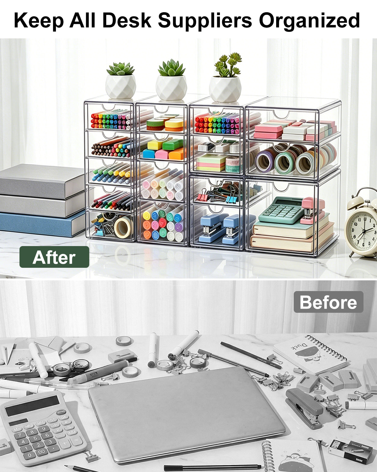 GoMaihe 3-Piece Desk Drawer Boxes: Clear Acrylic Vanity Organizer | Makeup Organizer with 15 Drawers | Desk Organizer for Home, Office, and School
