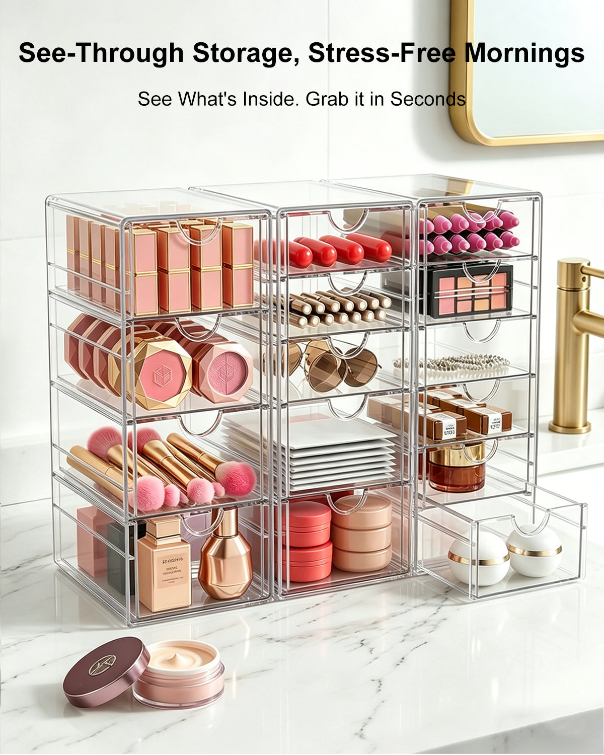 GoMaihe 3-Piece Desk Drawer Boxes: Clear Acrylic Vanity Organizer | Makeup Organizer with 15 Drawers | Desk Organizer for Home, Office, and School