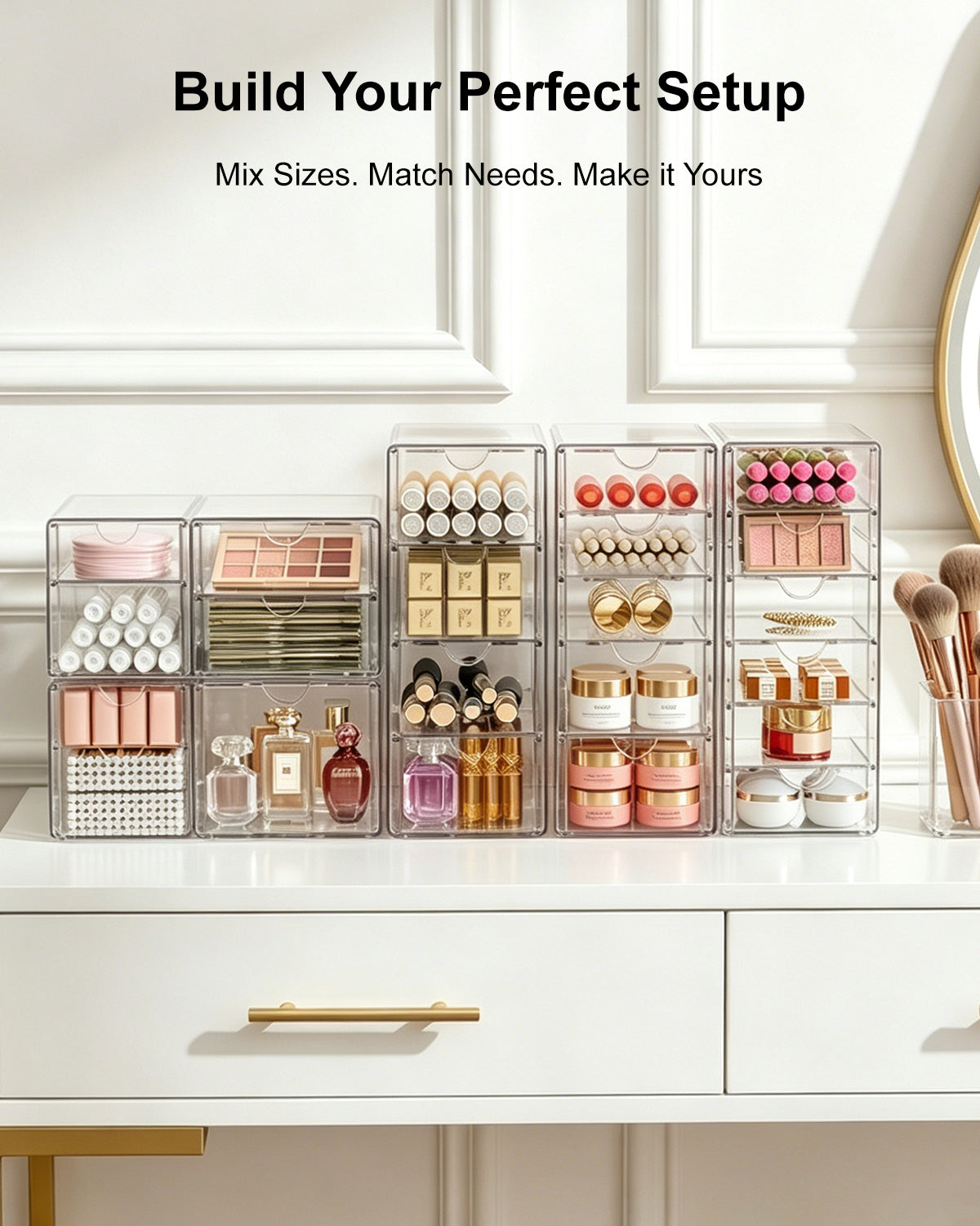 GoMaihe 3-Piece Desk Drawer Boxes: Clear Acrylic Vanity Organizer | Makeup Organizer with 15 Drawers | Desk Organizer for Home, Office, and School