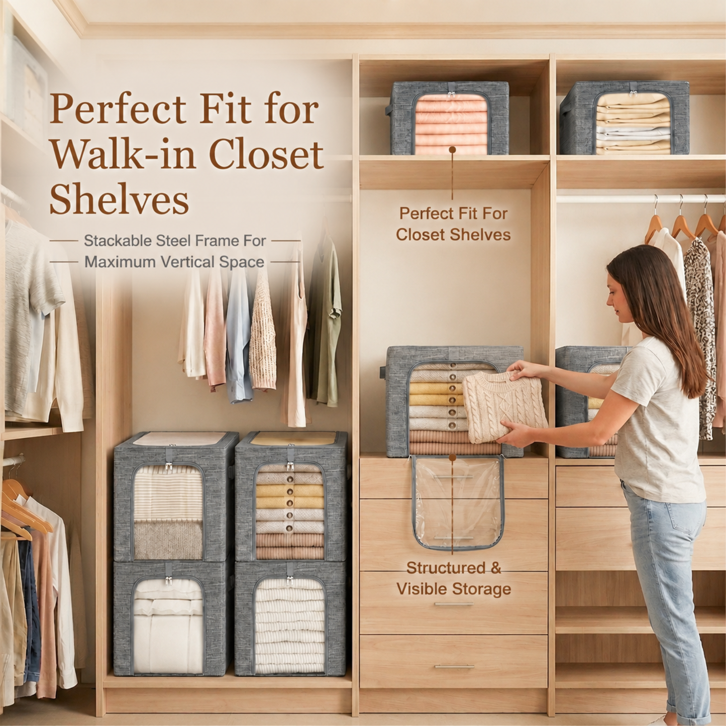 GoMaihe Clothes Storage Bin with Metal Frame for Sweater Organizer Top Shelf Closet