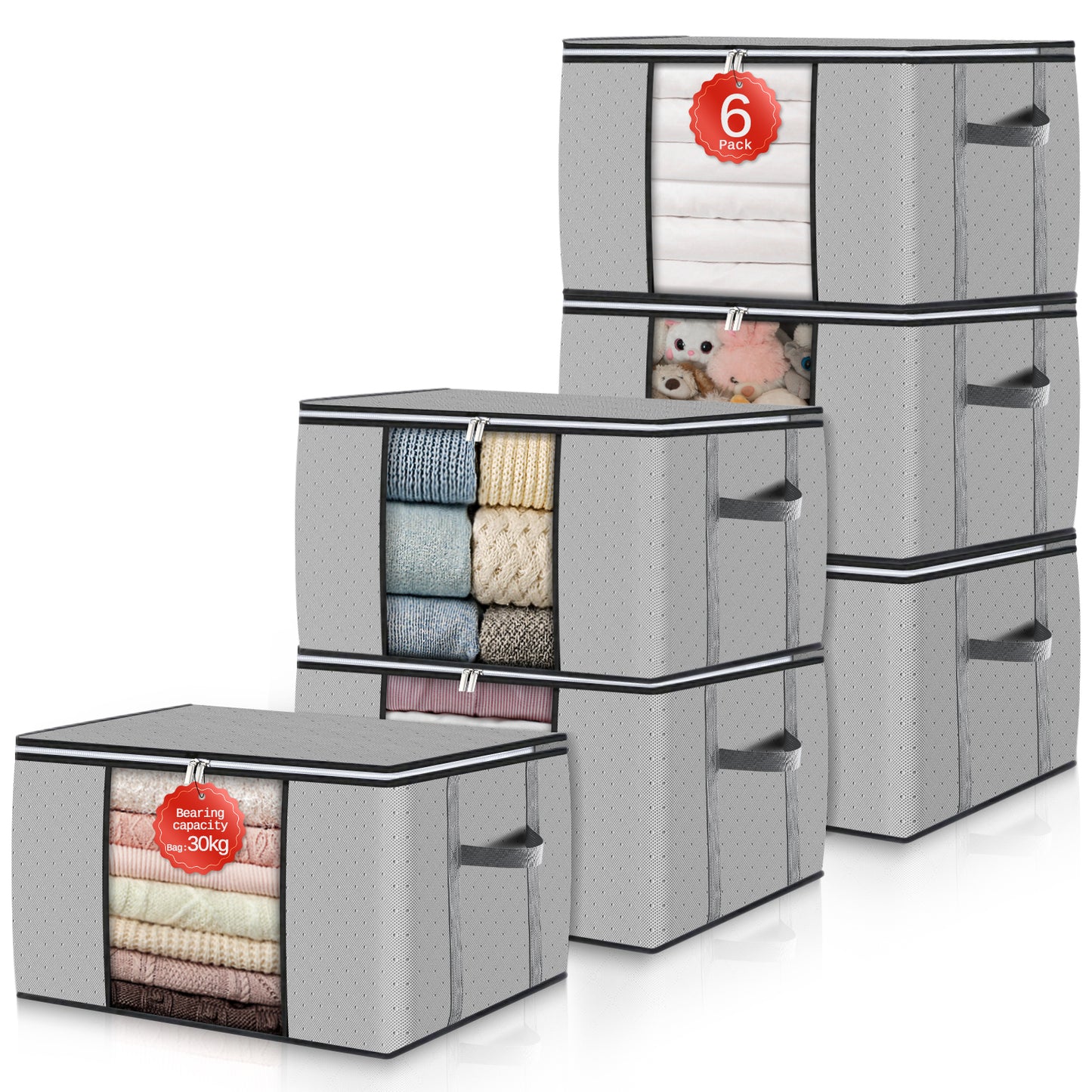 GoMaihe Clothes Storage Bags 6 Pack, Foldable Storage Bins Closet Organizers Stackable Containers with Reinforced Handles and Lids, Polka Dots Gray