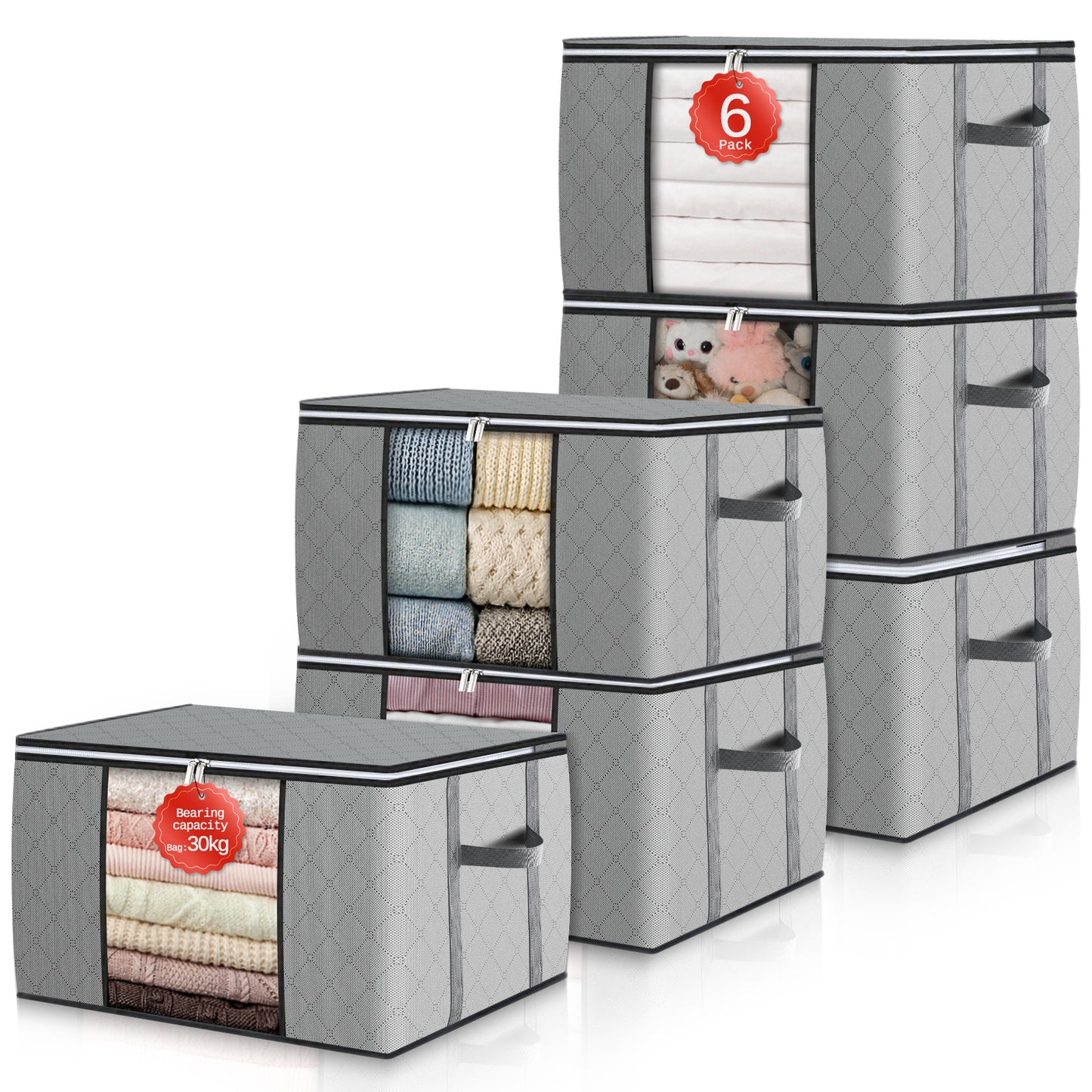 GoMaihe Clothes Storage Bags 6 Pack, Foldable Storage Bins Closet Organizers Stackable Containers with Reinforced Handles and Lids, Grid Gray